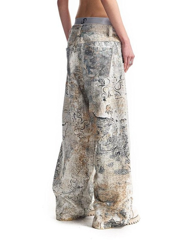 HAS2SONS Digital Print Boro Distressed Rivet A Line Women's Cotton Loose Jeans