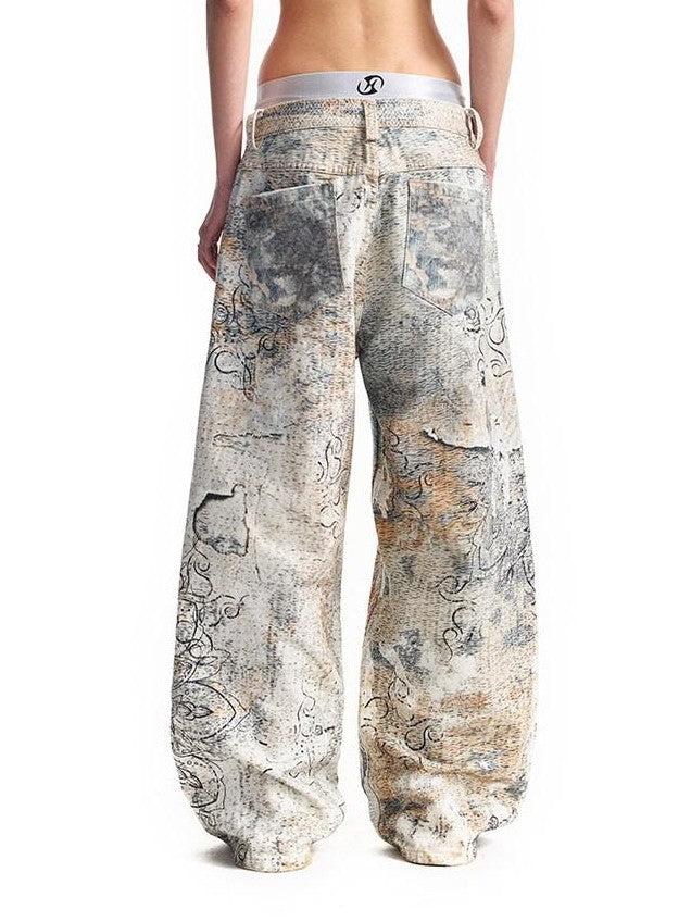 HAS2SONS Digital Print Boro Distressed Rivet A Line Women's Cotton Loose Jeans