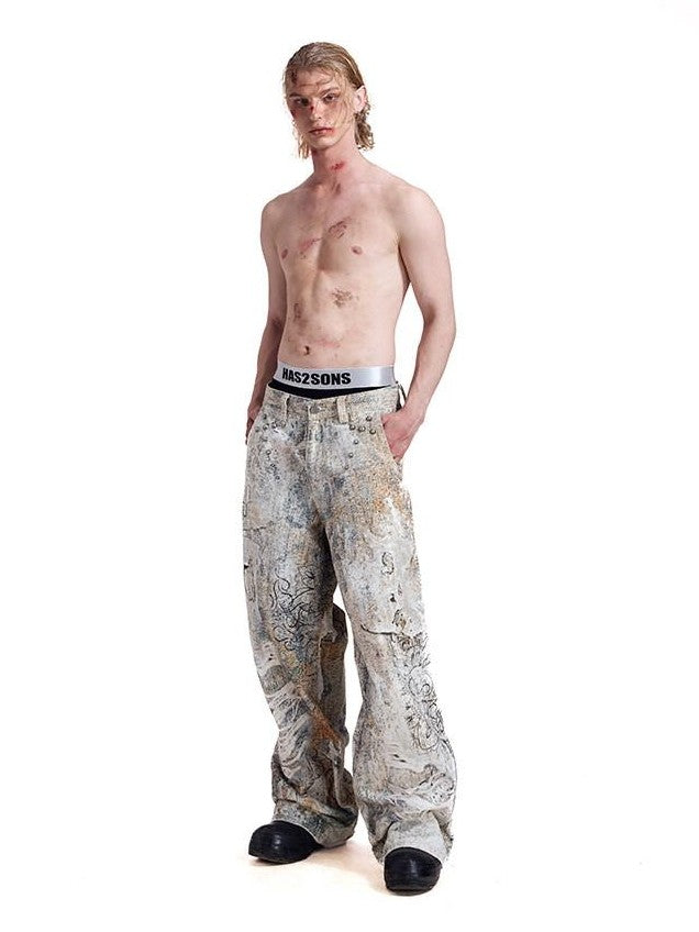 HAS2SONS Digital Print Boro Distressed Rivet A Line Women's Cotton Loose Jeans