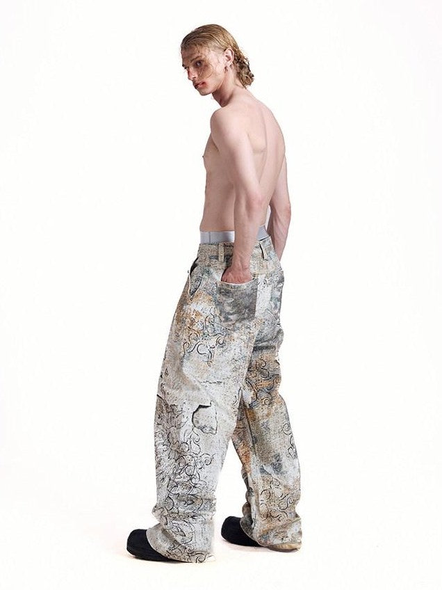 HAS2SONS Digital Print Boro Distressed Rivet A Line Women's Cotton Loose Jeans