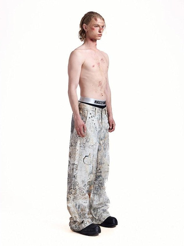 HAS2SONS Digital Print Boro Distressed Rivet A Line Women's Cotton Loose Jeans
