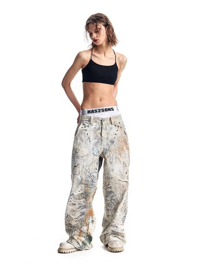 HAS2SONS Digital Print Boro Distressed Rivet A Line Women's Cotton Loose Jeans