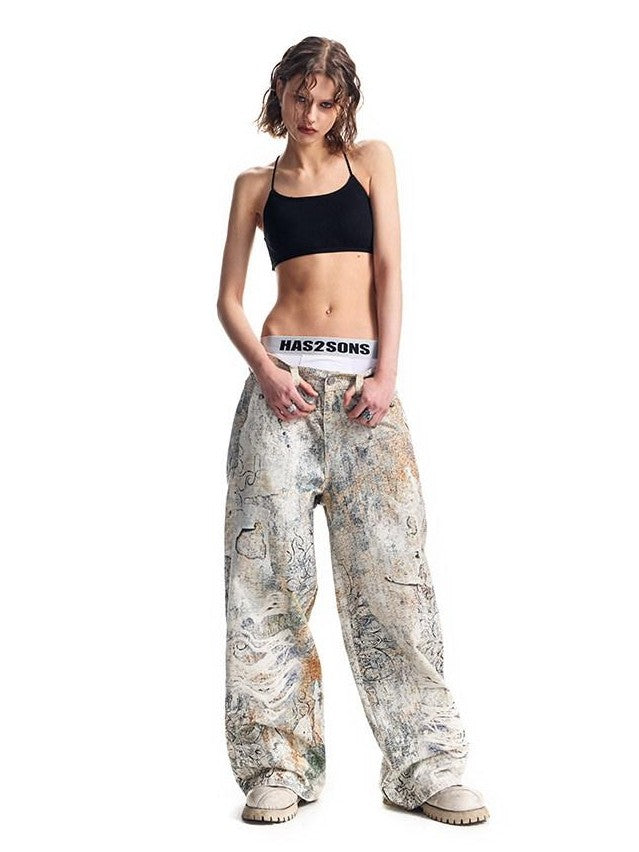 HAS2SONS Digital Print Boro Distressed Rivet A Line Women's Cotton Loose Jeans