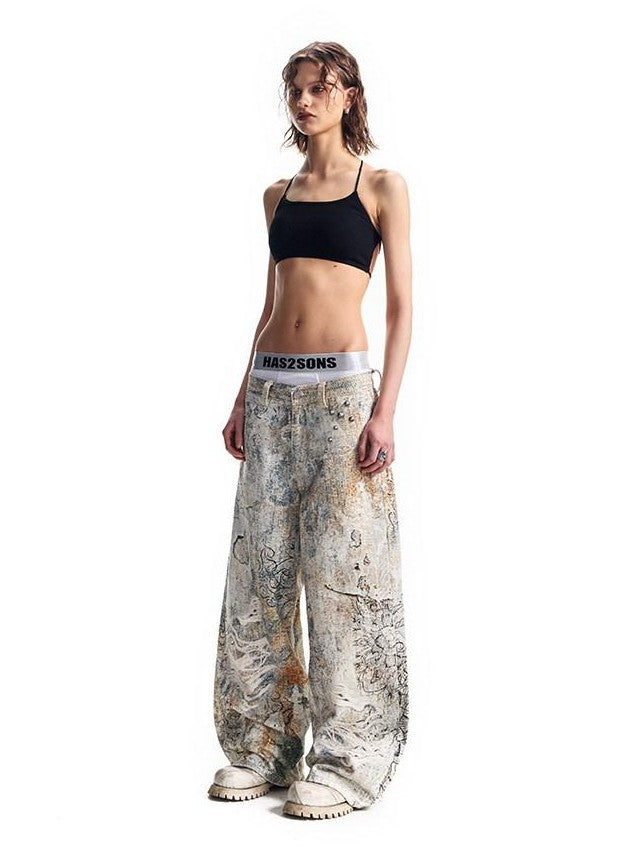 HAS2SONS Digital Print Boro Distressed Rivet A Line Women's Cotton Loose Jeans