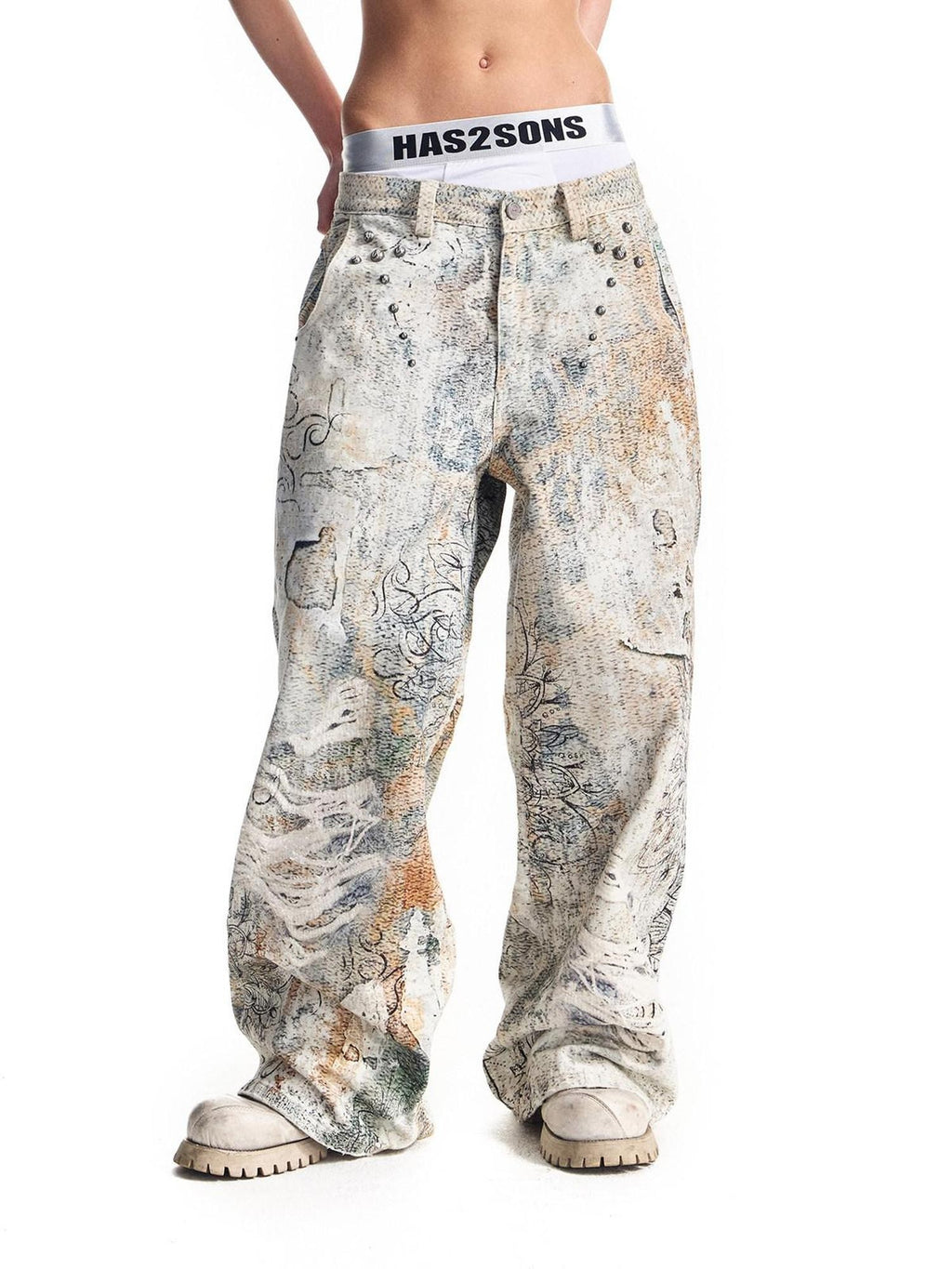 HAS2SONS Digital Print Boro Distressed Rivet A Line Women's Cotton Loose Jeans