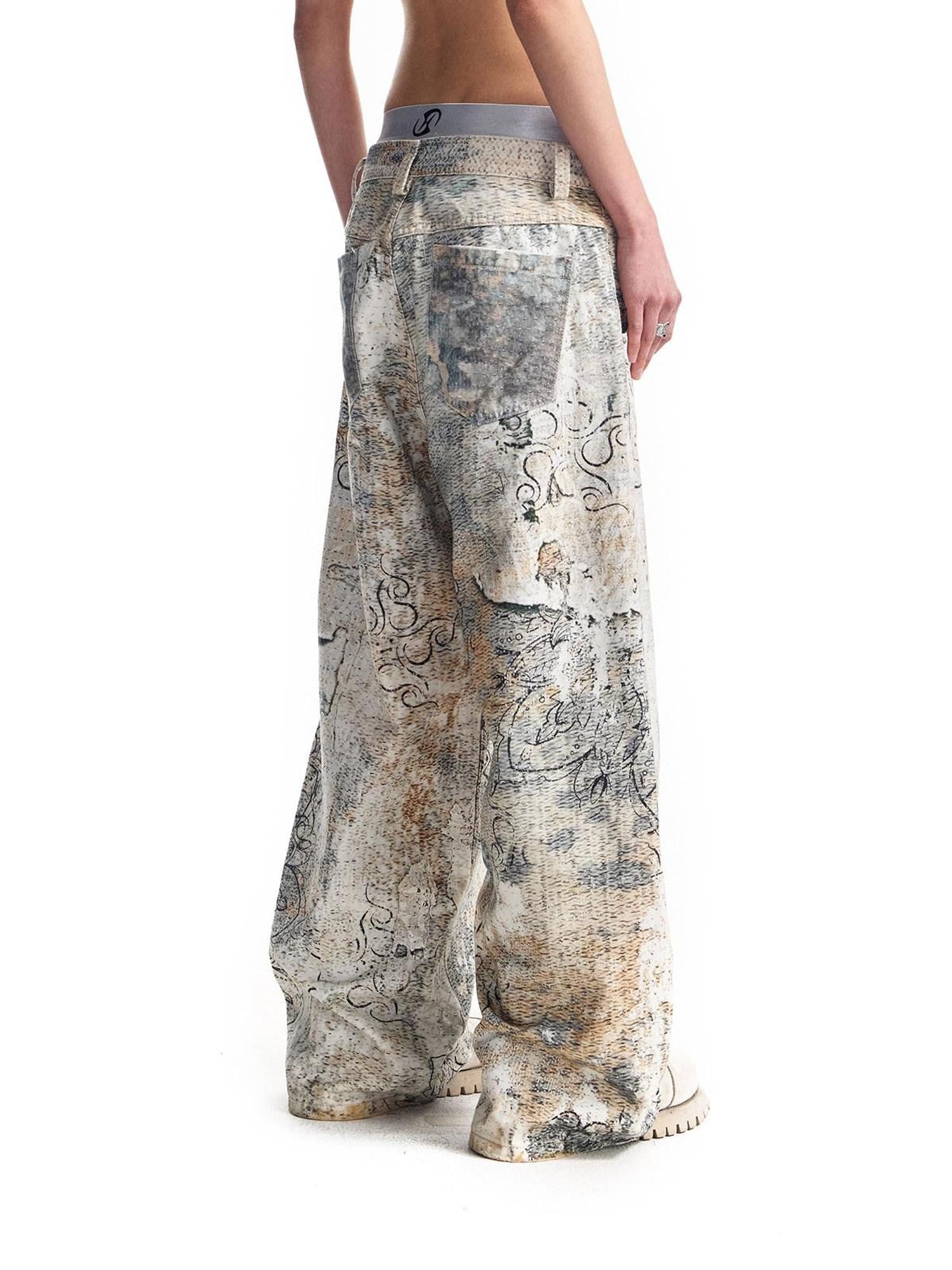 HAS2SONS Digital Print Boro Distressed Rivet A Line Women's Cotton Loose Jeans