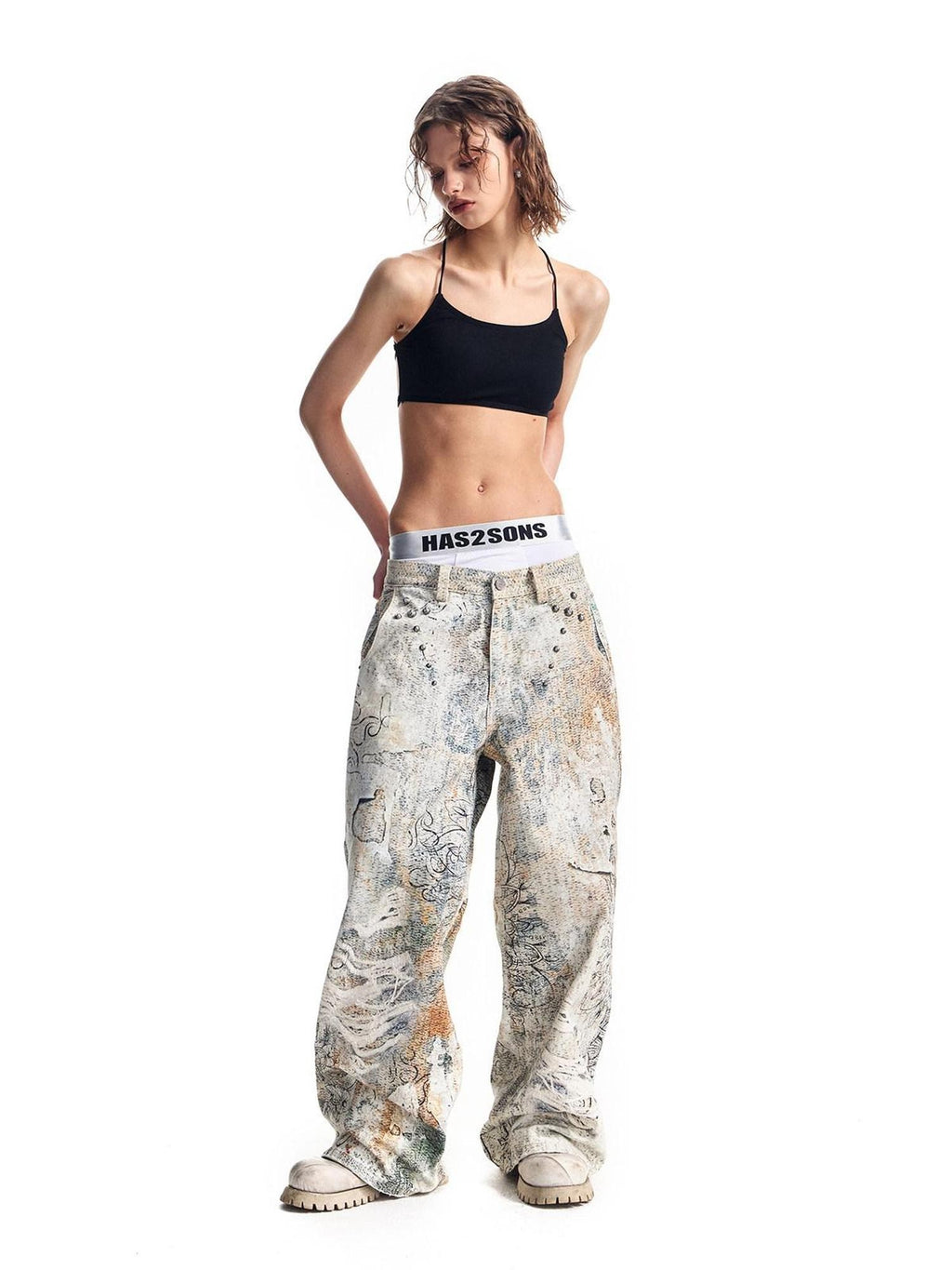 HAS2SONS Digital Print Boro Distressed Rivet A Line Women's Cotton Loose Jeans