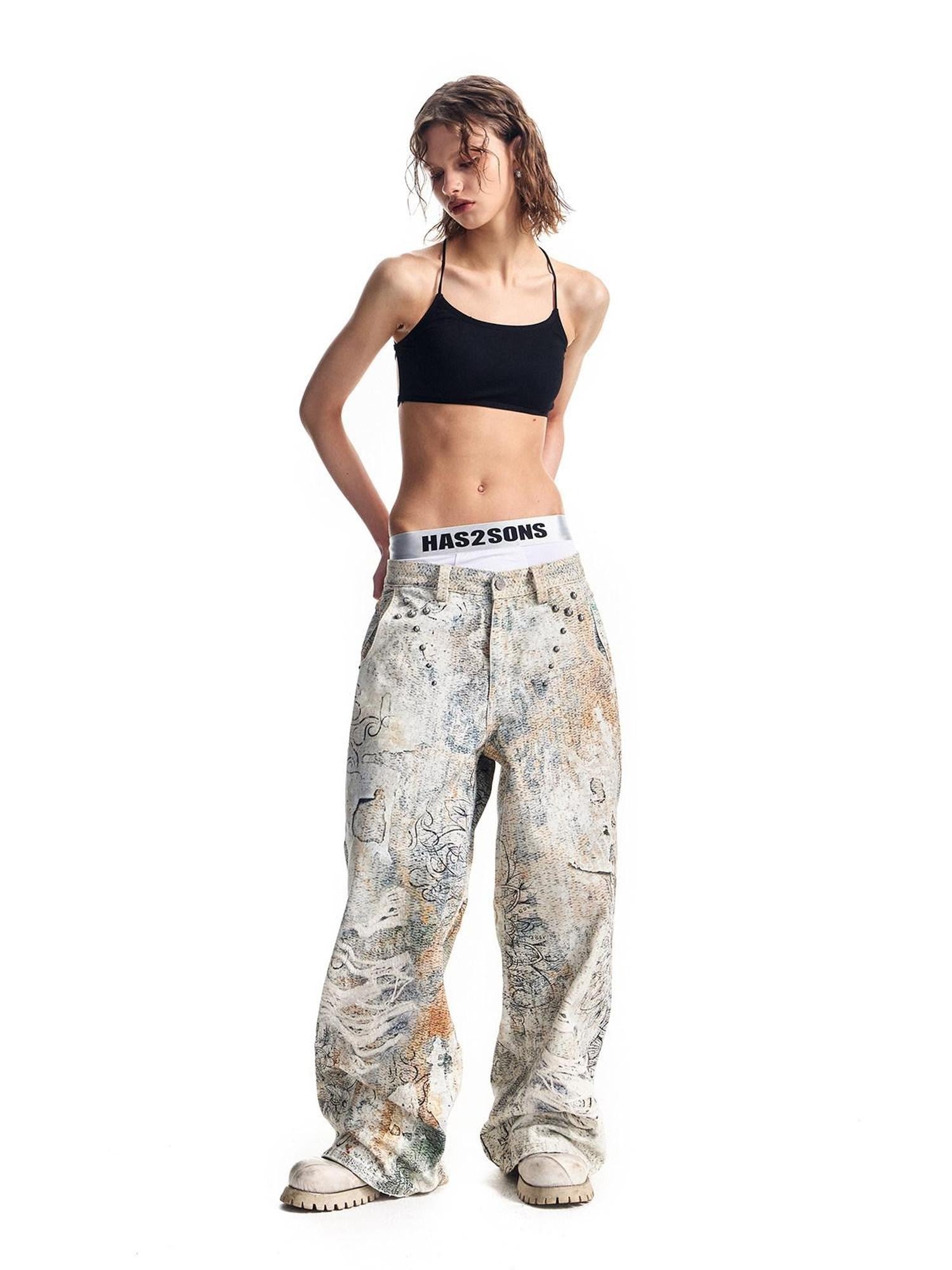 HAS2SONS Digital Print Boro Distressed Rivet A Line Women's Cotton Loose Jeans