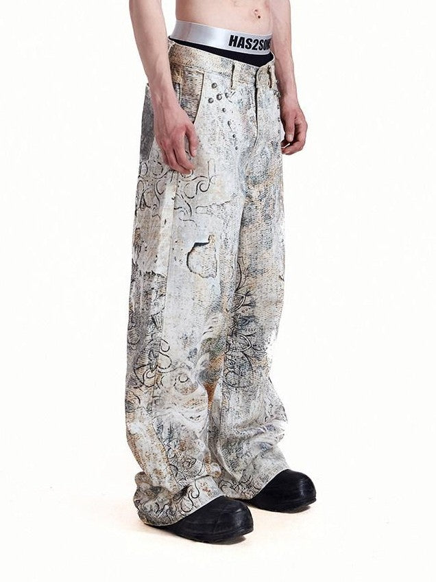 HAS2SONS Digital Print Boro Distressed Rivet A Line Women's Cotton Loose Jeans