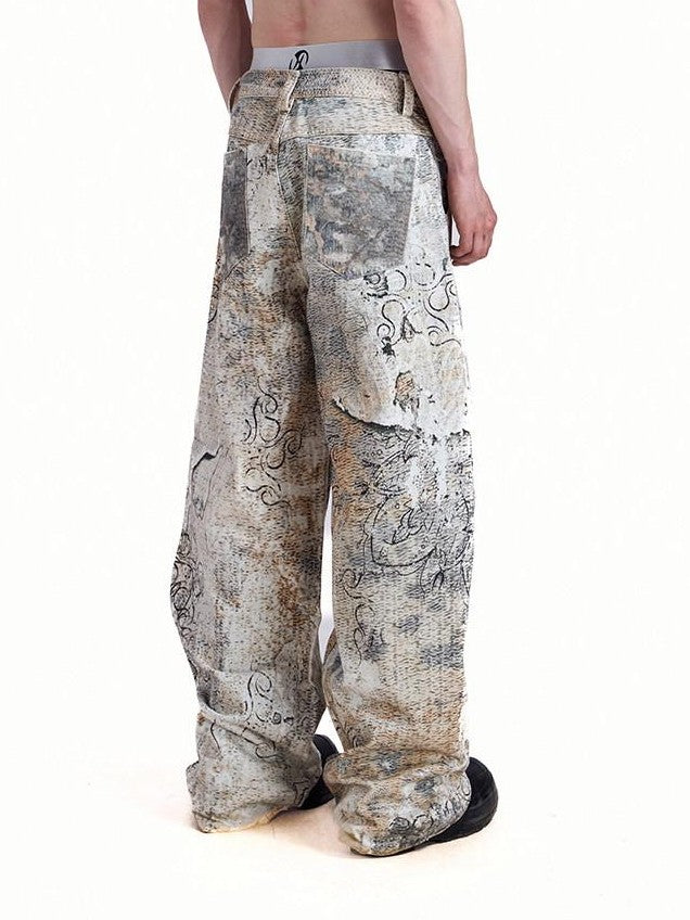 HAS2SONS Digital Print Boro Distressed Rivet A Line Women's Cotton Loose Jeans