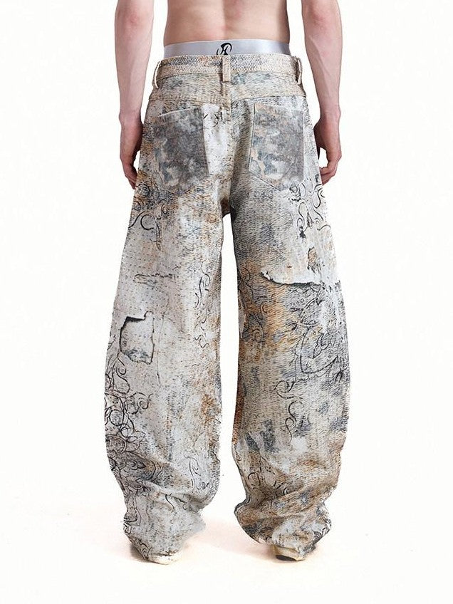 HAS2SONS Digital Print Boro Distressed Rivet A Line Women's Cotton Loose Jeans