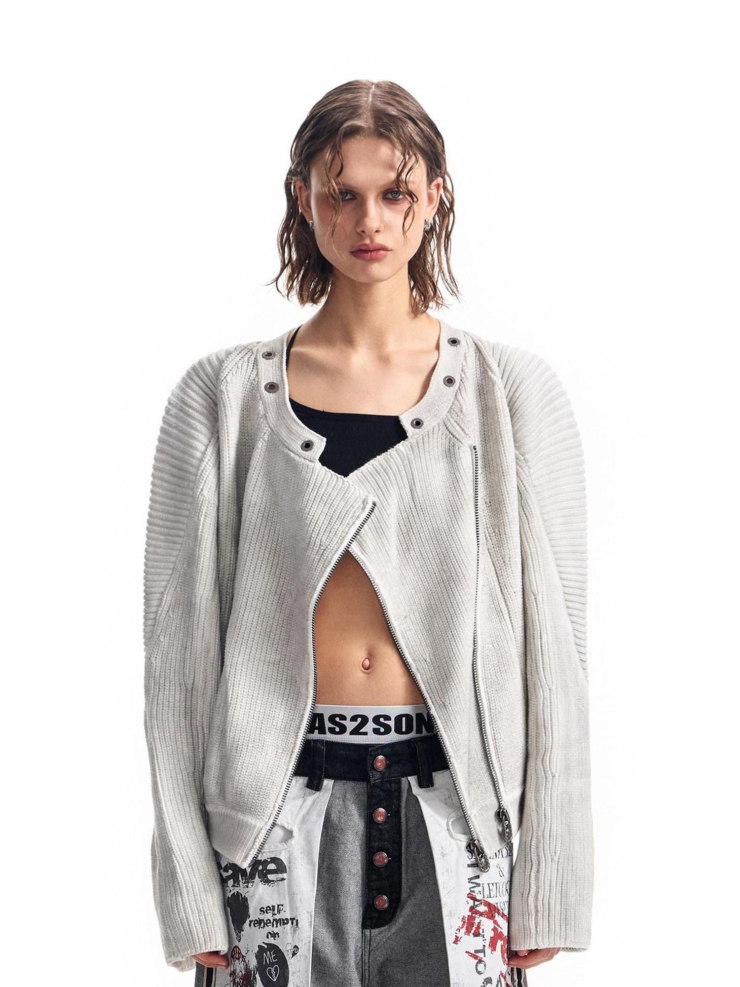 HAS2SONS Distressed Spliced Ribbed Zipper Women's Cotton Blend Short Cardigans