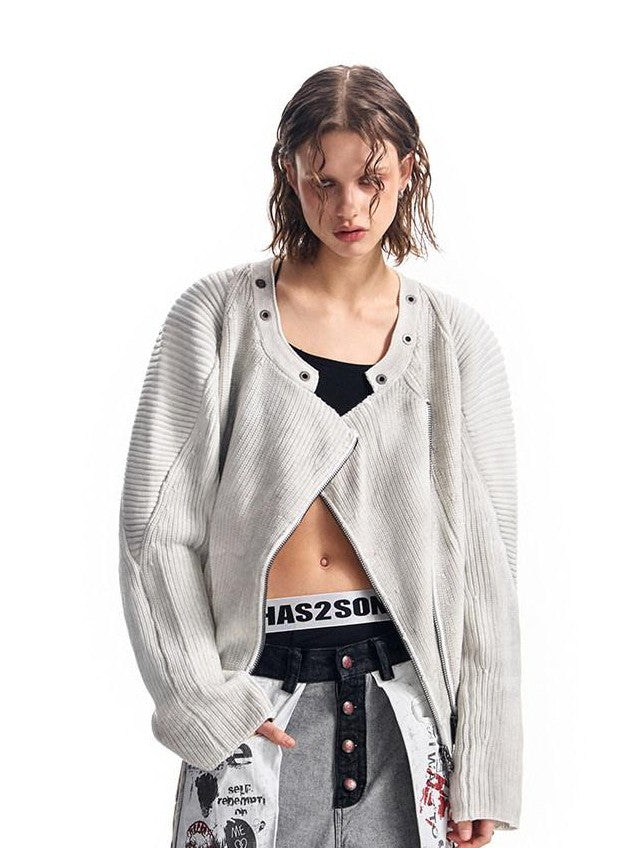 HAS2SONS Distressed Spliced Ribbed Zipper Women's Cotton Blend Short Cardigans