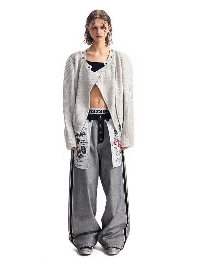 HAS2SONS Distressed Spliced Ribbed Zipper Women's Cotton Blend Short Cardigans
