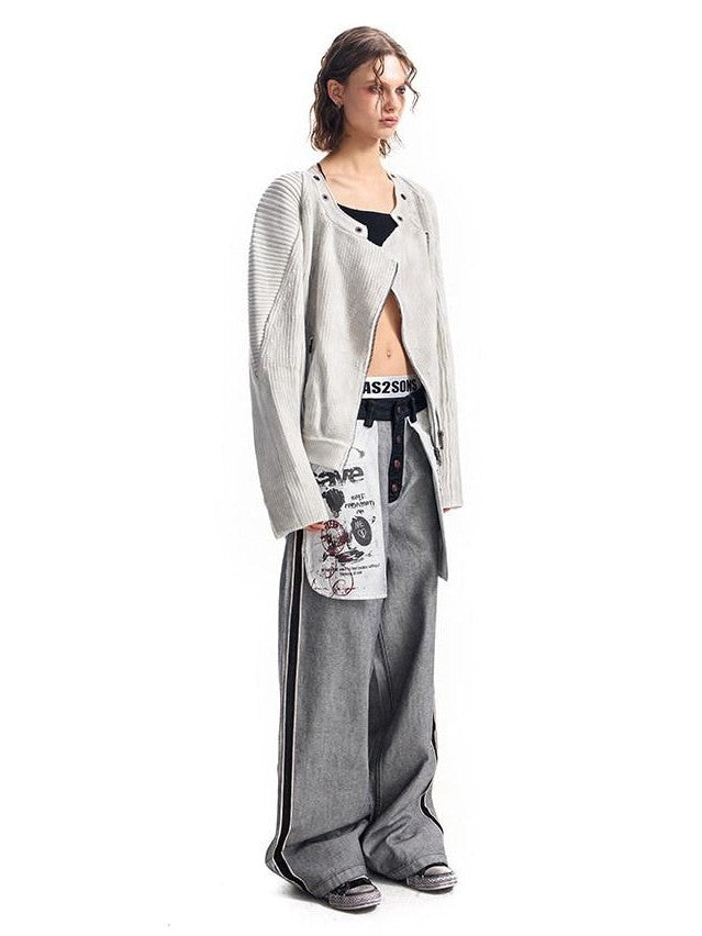 HAS2SONS Distressed Spliced Ribbed Zipper Women's Cotton Blend Short Cardigans