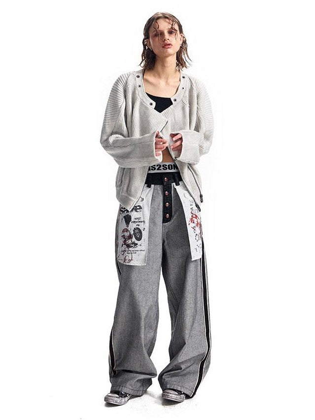 HAS2SONS Distressed Spliced Ribbed Zipper Women's Cotton Blend Short Cardigans