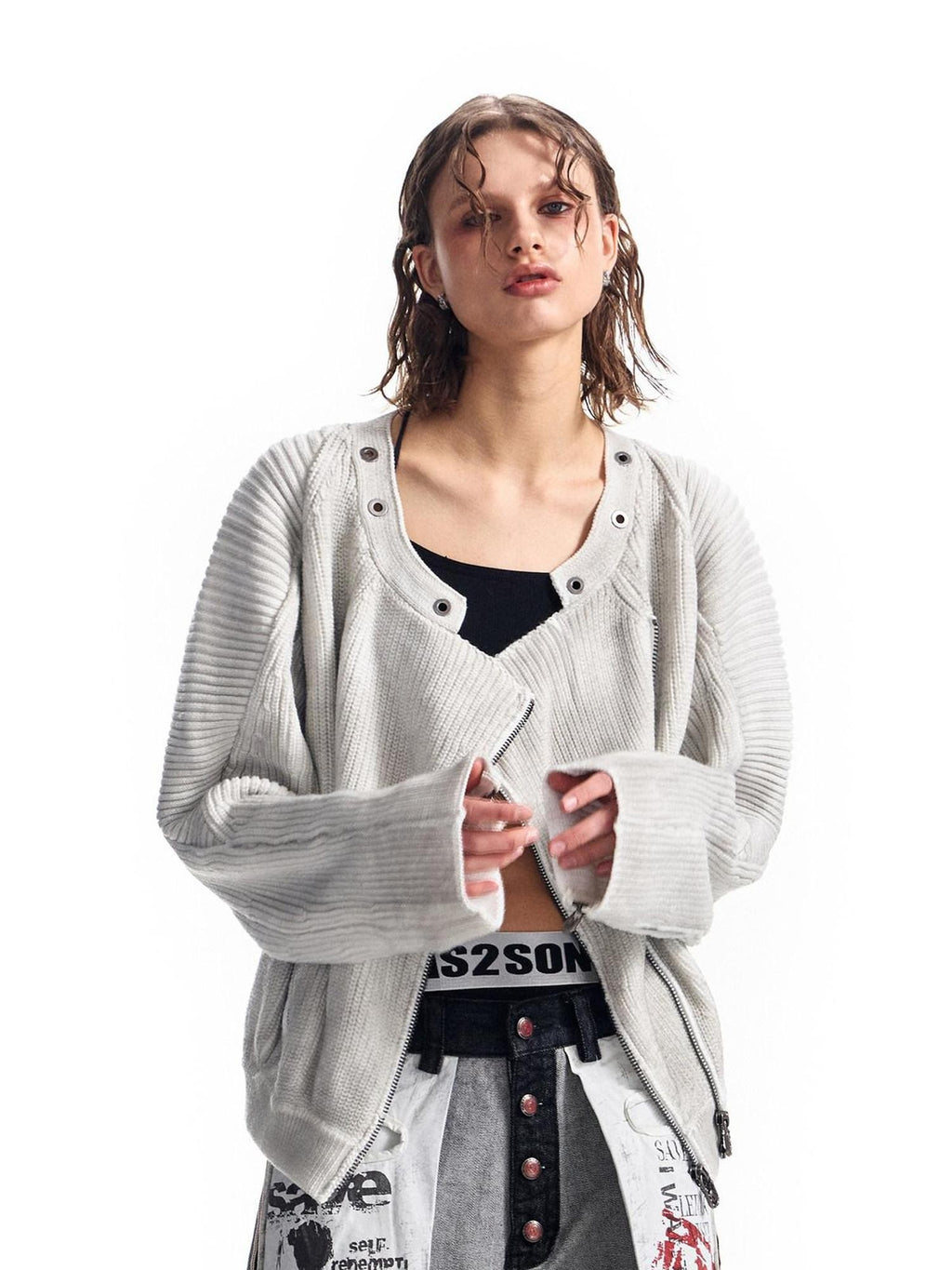 HAS2SONS Distressed Spliced Ribbed Zipper Women's Cotton Blend Short Cardigans