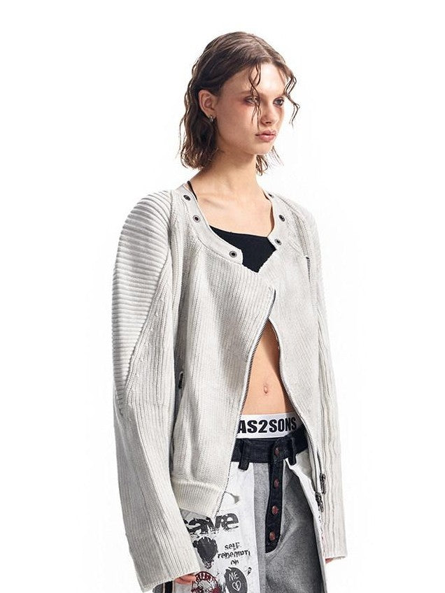 HAS2SONS Distressed Spliced Ribbed Zipper Women's Cotton Blend Short Cardigans