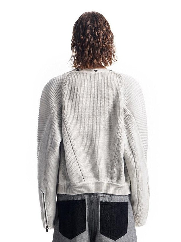 HAS2SONS Distressed Spliced Ribbed Zipper Women's Cotton Blend Short Cardigans