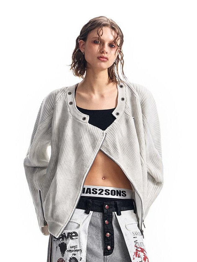 HAS2SONS Distressed Spliced Ribbed Zipper Women's Cotton Blend Short Cardigans