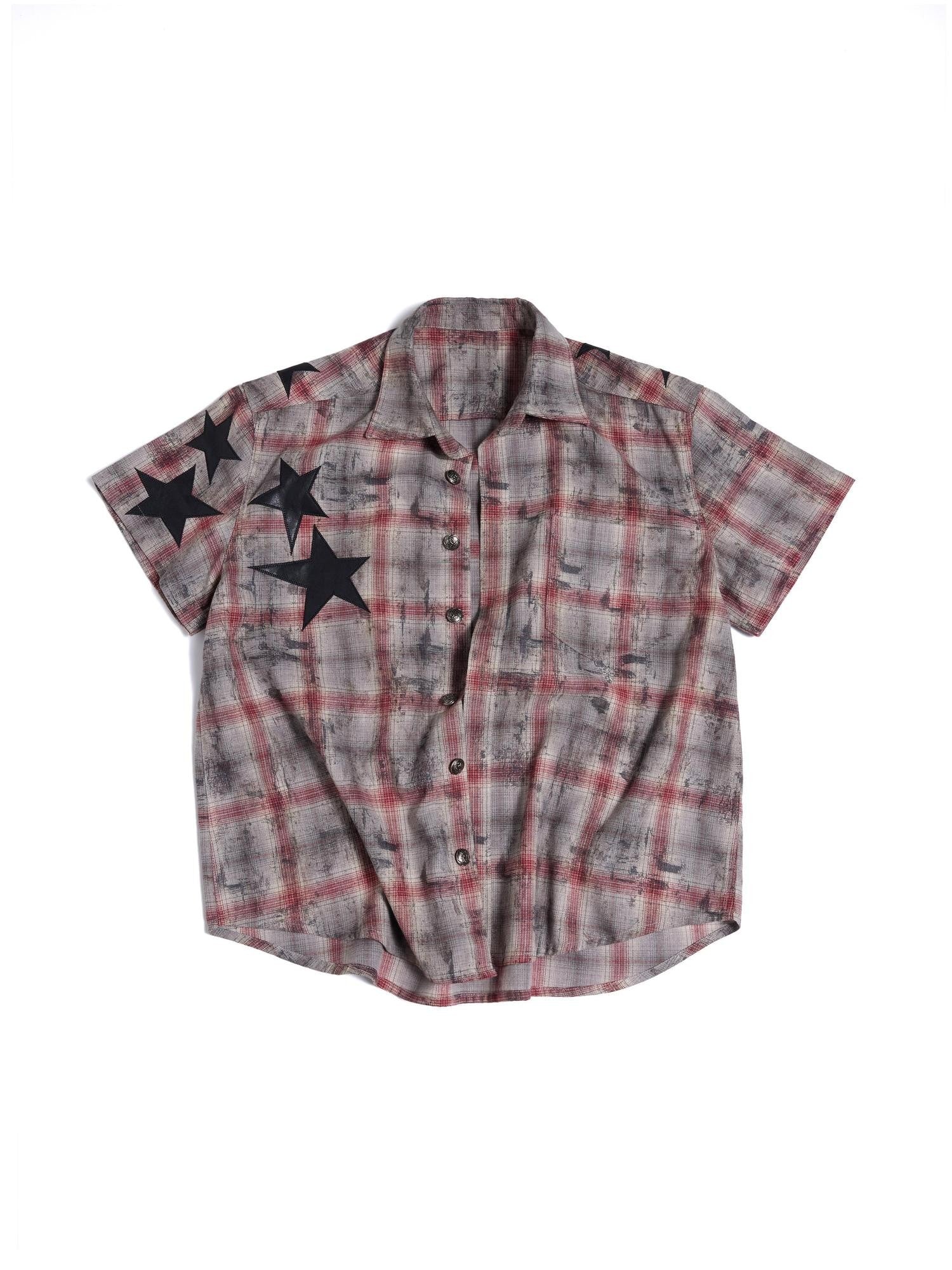 HAS2SONS Distressed Star Applique Colorblock Boxy Women's Cotton Blend Flannel Shirts