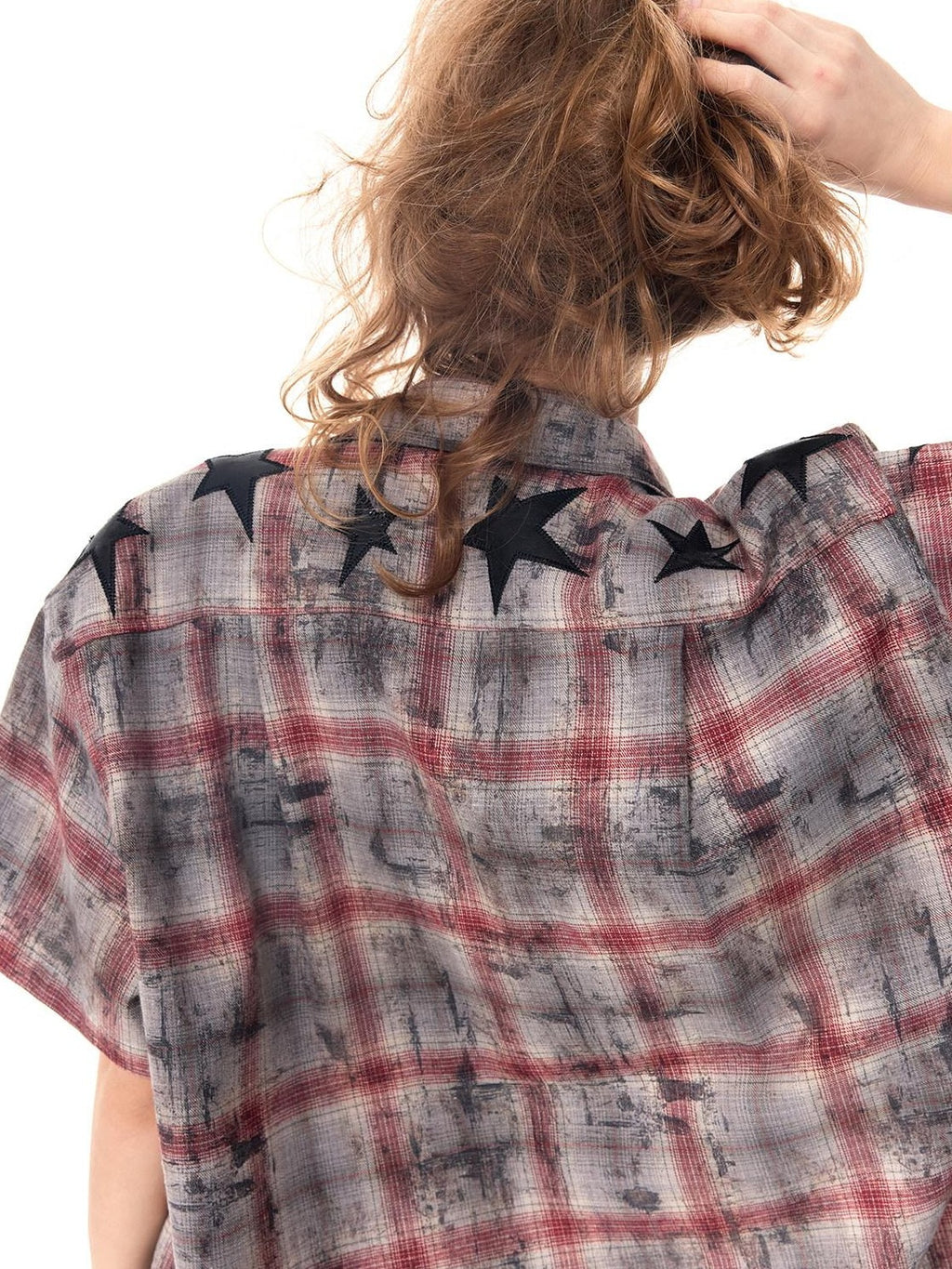 HAS2SONS Distressed Star Applique Colorblock Boxy Women's Cotton Blend Flannel Shirts