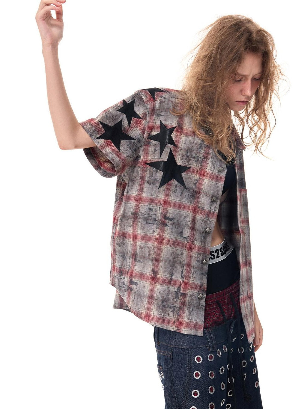 HAS2SONS Distressed Star Applique Colorblock Boxy Women's Cotton Blend Flannel Shirts