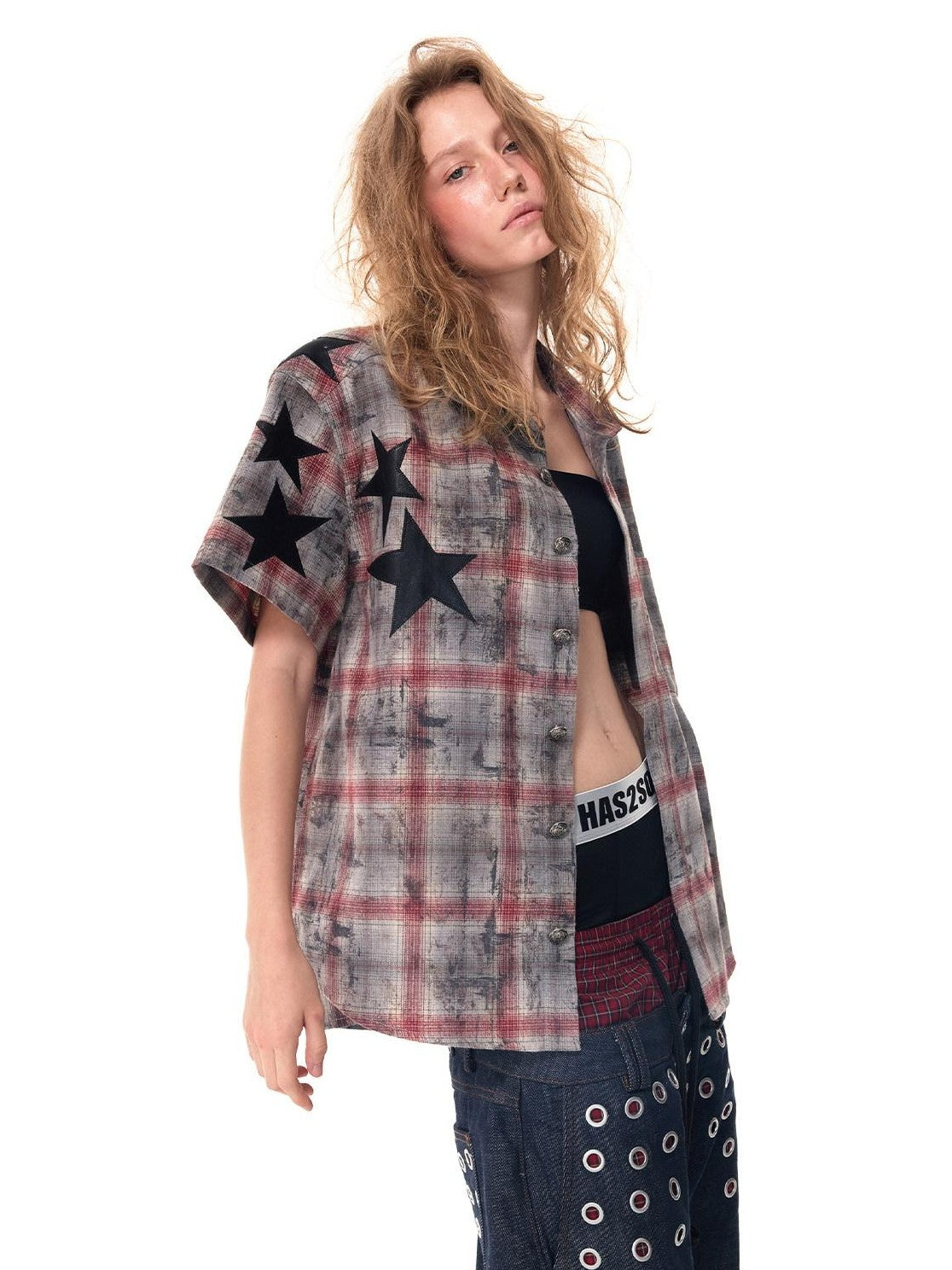 HAS2SONS Distressed Star Applique Colorblock Boxy Women's Cotton Blend Flannel Shirts
