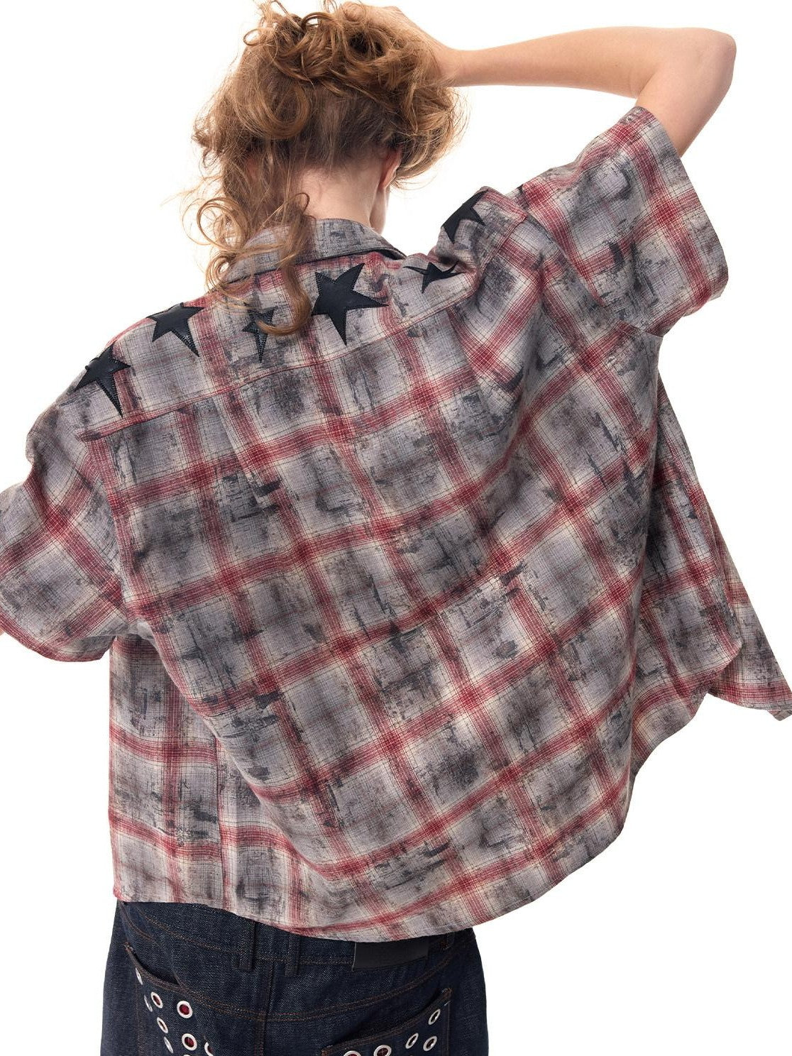 HAS2SONS Distressed Star Applique Colorblock Boxy Women's Cotton Blend Flannel Shirts