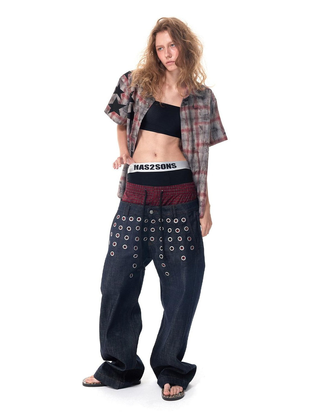 HAS2SONS Distressed Star Applique Colorblock Boxy Women's Cotton Blend Flannel Shirts