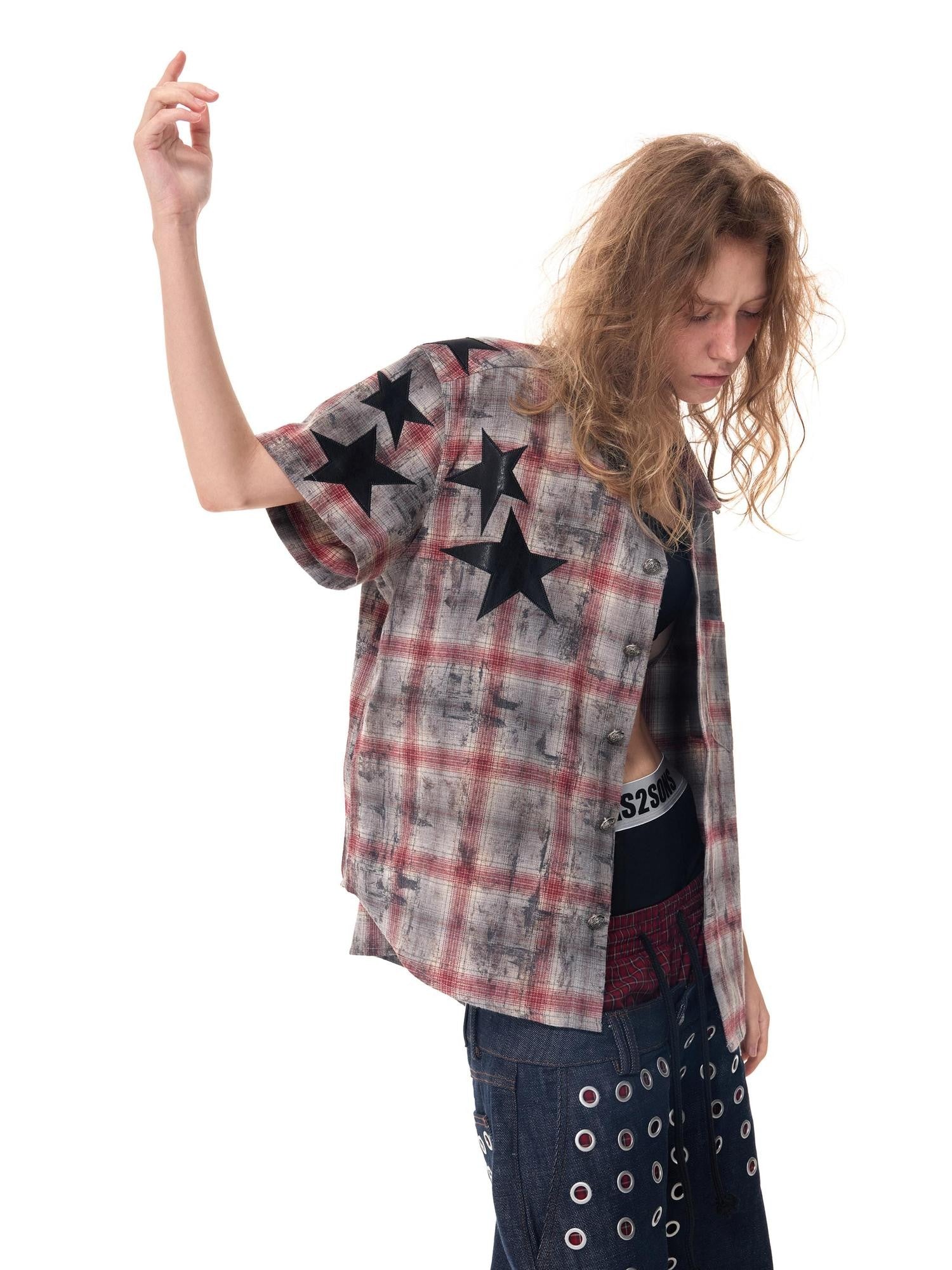 HAS2SONS Distressed Star Applique Colorblock Boxy Women's Cotton Blend Flannel Shirts
