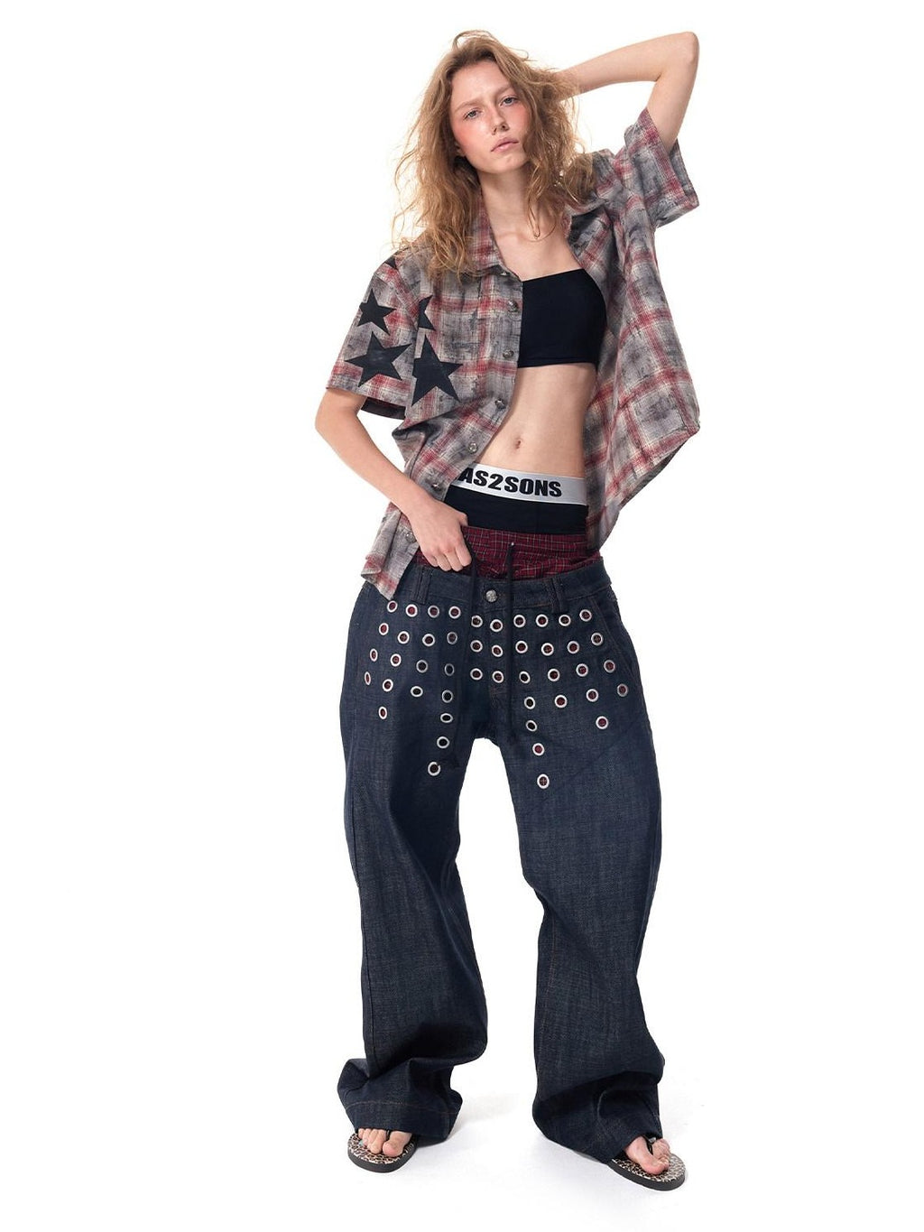 HAS2SONS Distressed Star Applique Colorblock Boxy Women's Cotton Blend Flannel Shirts