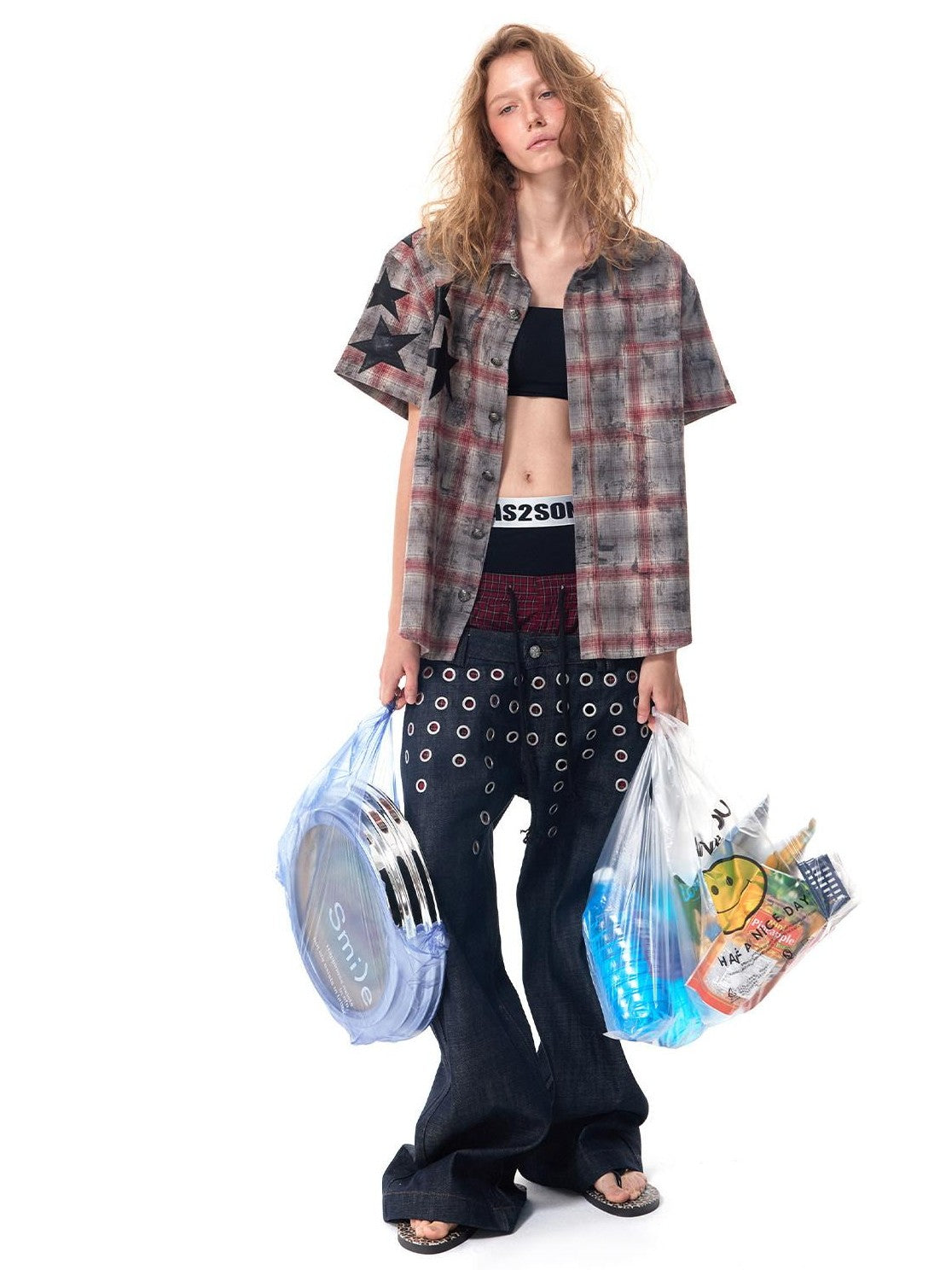 HAS2SONS Distressed Star Applique Colorblock Boxy Women's Cotton Blend Flannel Shirts