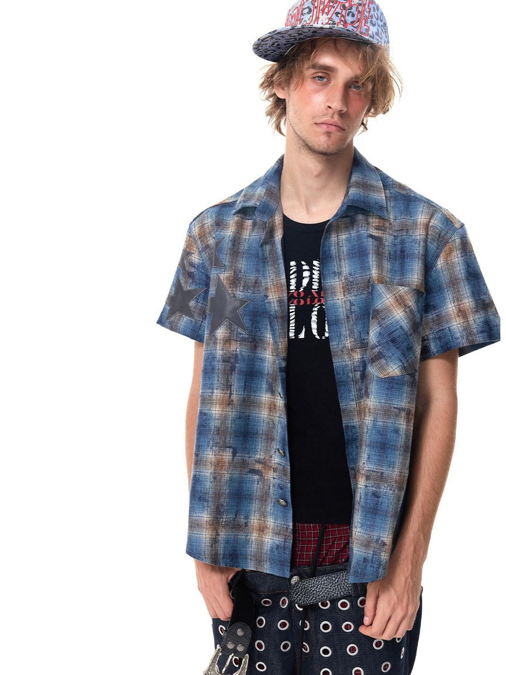 HAS2SONS Distressed Star Applique Colorblock Boxy Women's Cotton Blend Flannel Shirts