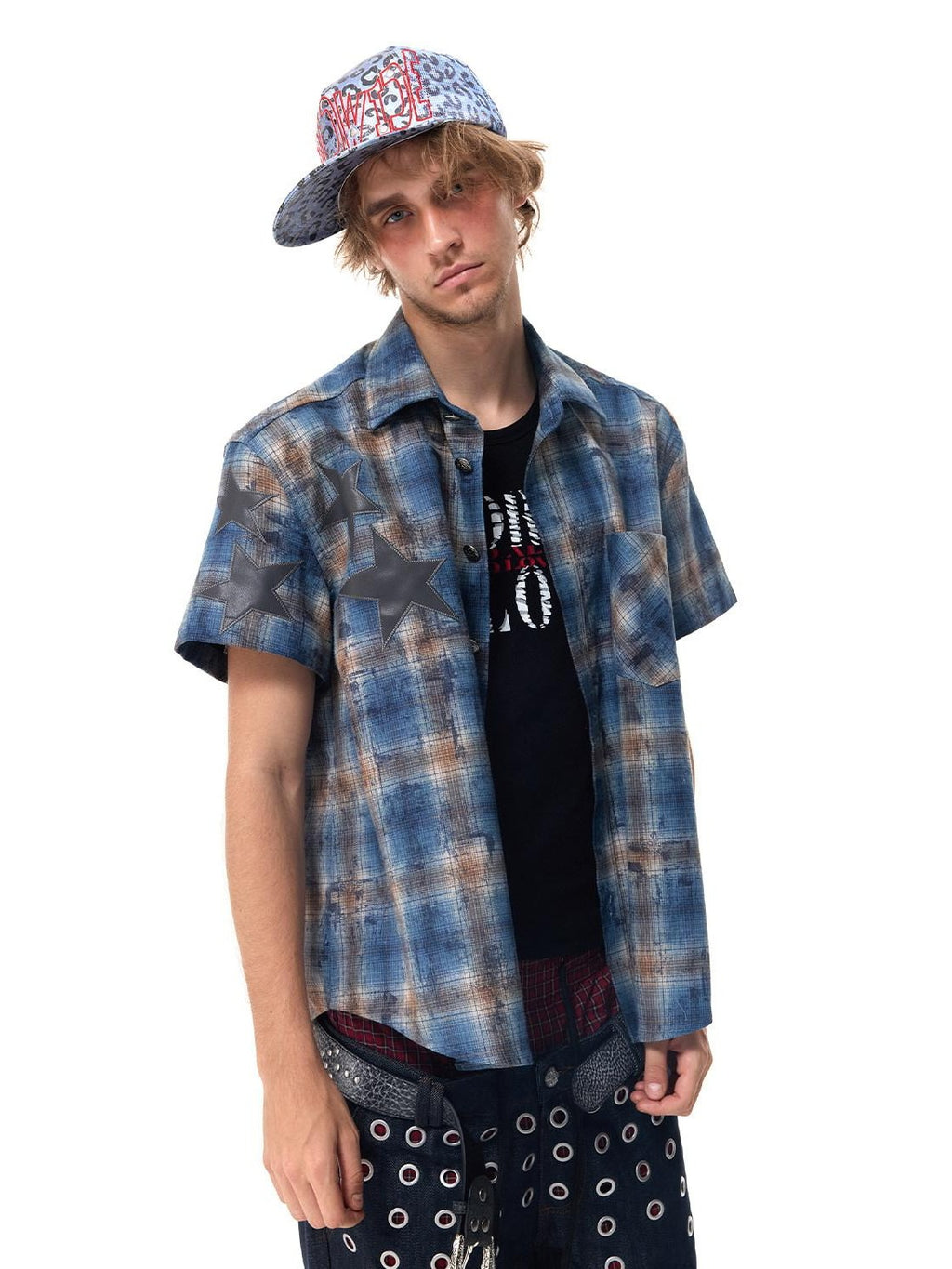 HAS2SONS Distressed Star Applique Colorblock Boxy Women's Cotton Blend Flannel Shirts