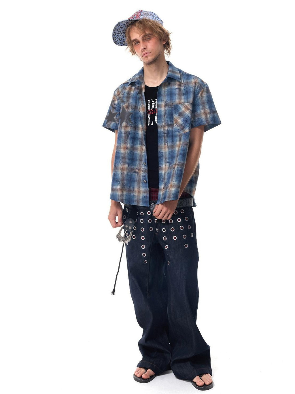 HAS2SONS Distressed Star Applique Colorblock Boxy Women's Cotton Blend Flannel Shirts
