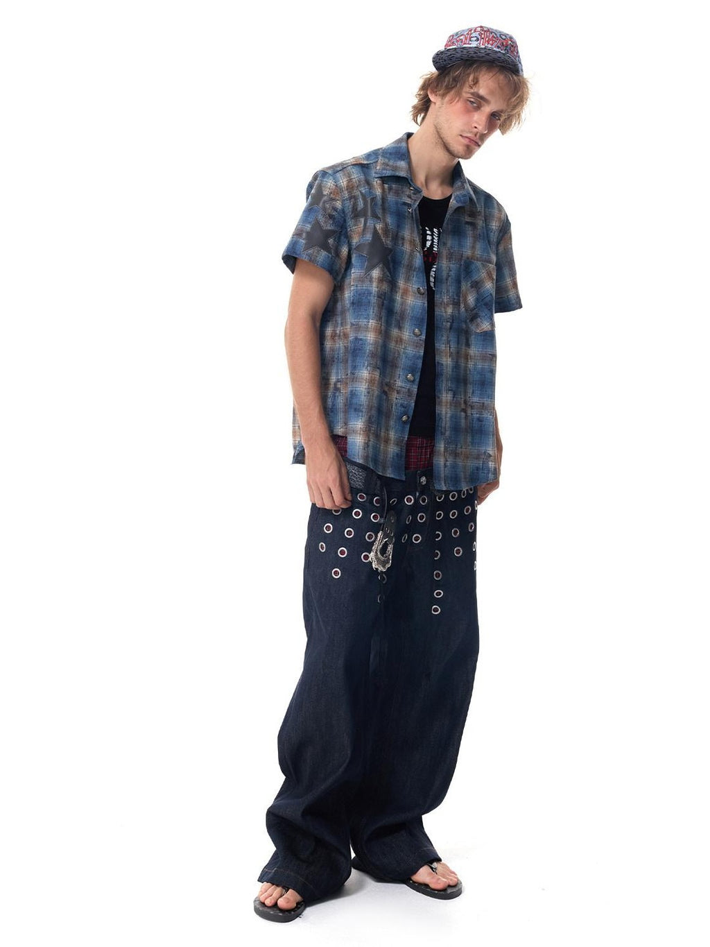 HAS2SONS Distressed Star Applique Colorblock Boxy Women's Cotton Blend Flannel Shirts