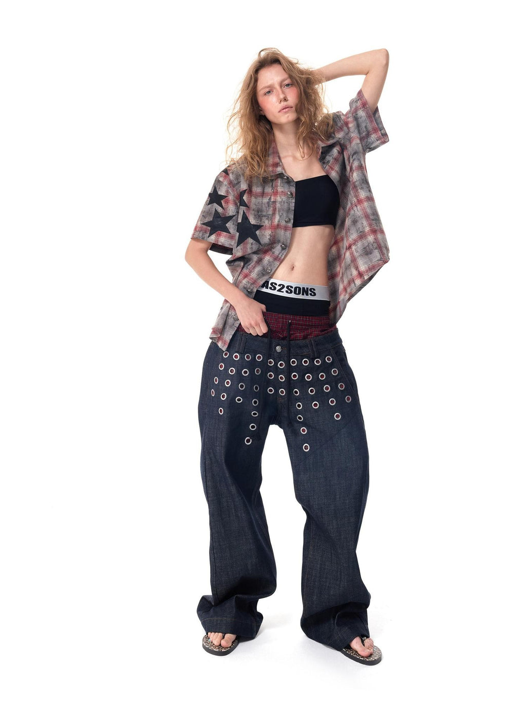 HAS2SONS Distressed Star Applique Colorblock Boxy Women's Cotton Blend Flannel Shirts