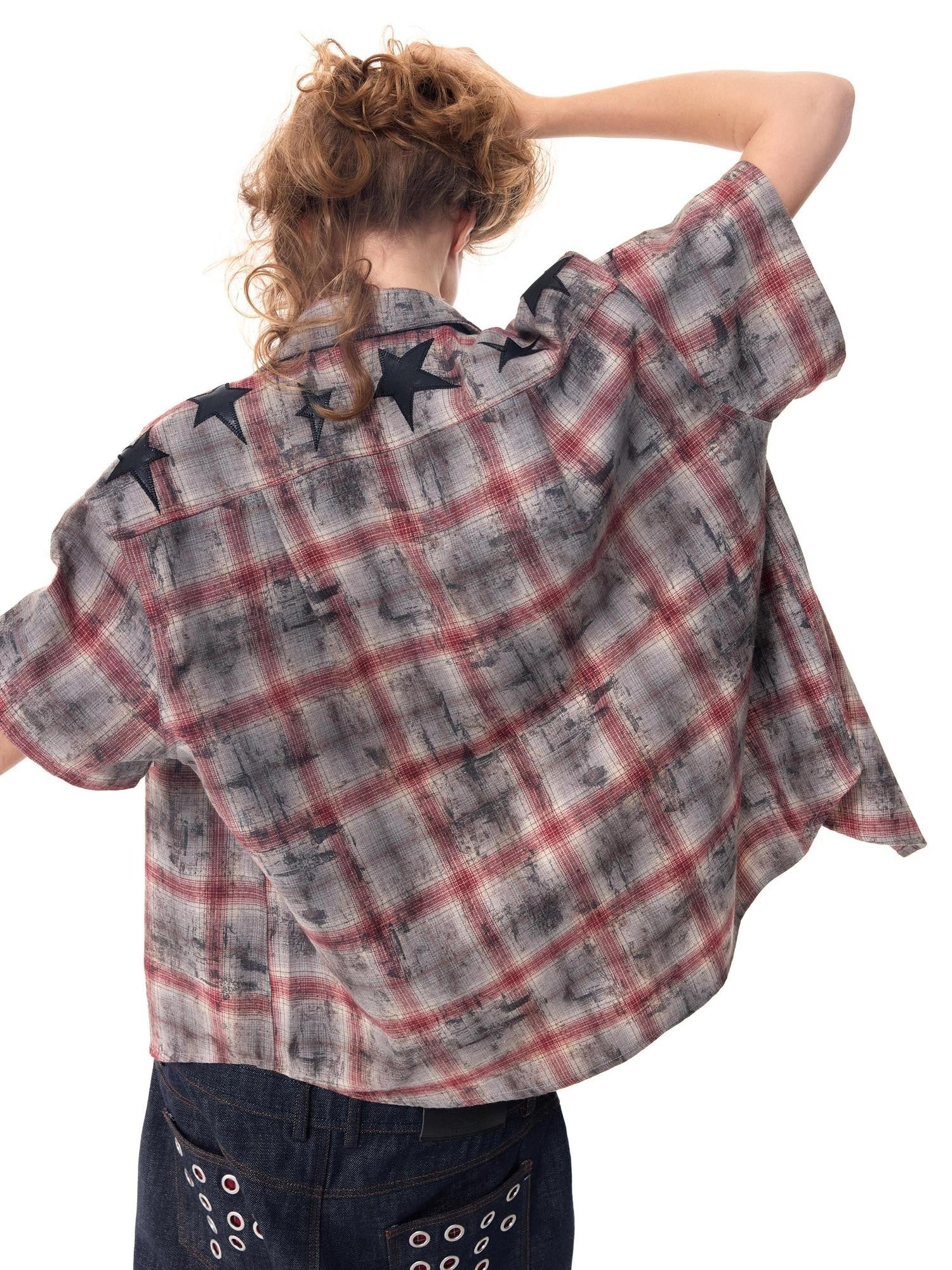 HAS2SONS Distressed Star Applique Colorblock Boxy Women's Cotton Blend Flannel Shirts
