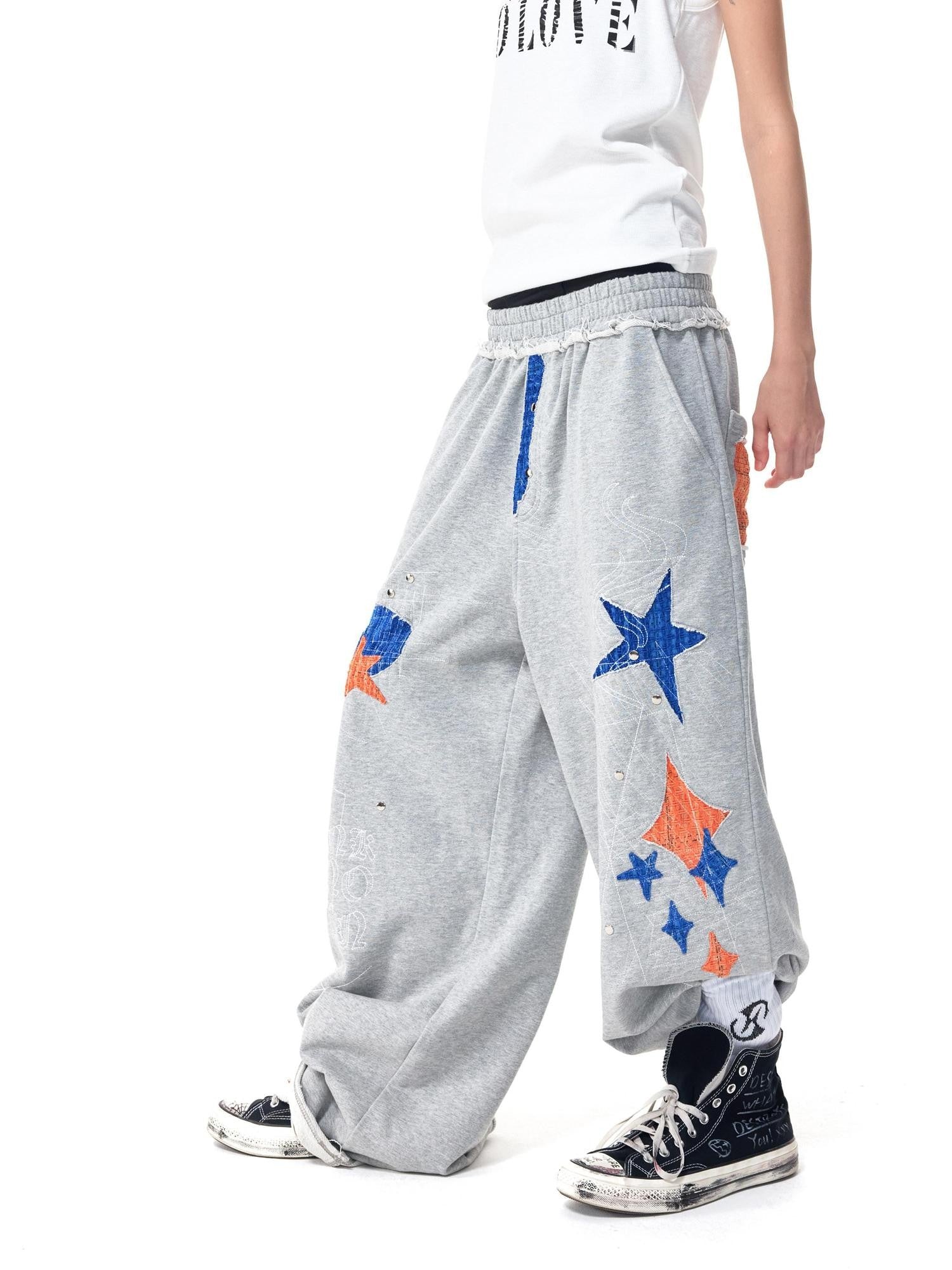 HAS2SONS Gray Star Patch Distressed Applique Embroidery Studded Baggy Women's Sweatpants