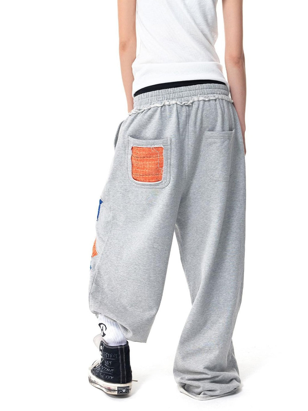 HAS2SONS Gray Star Patch Distressed Applique Embroidery Studded Baggy Women's Sweatpants
