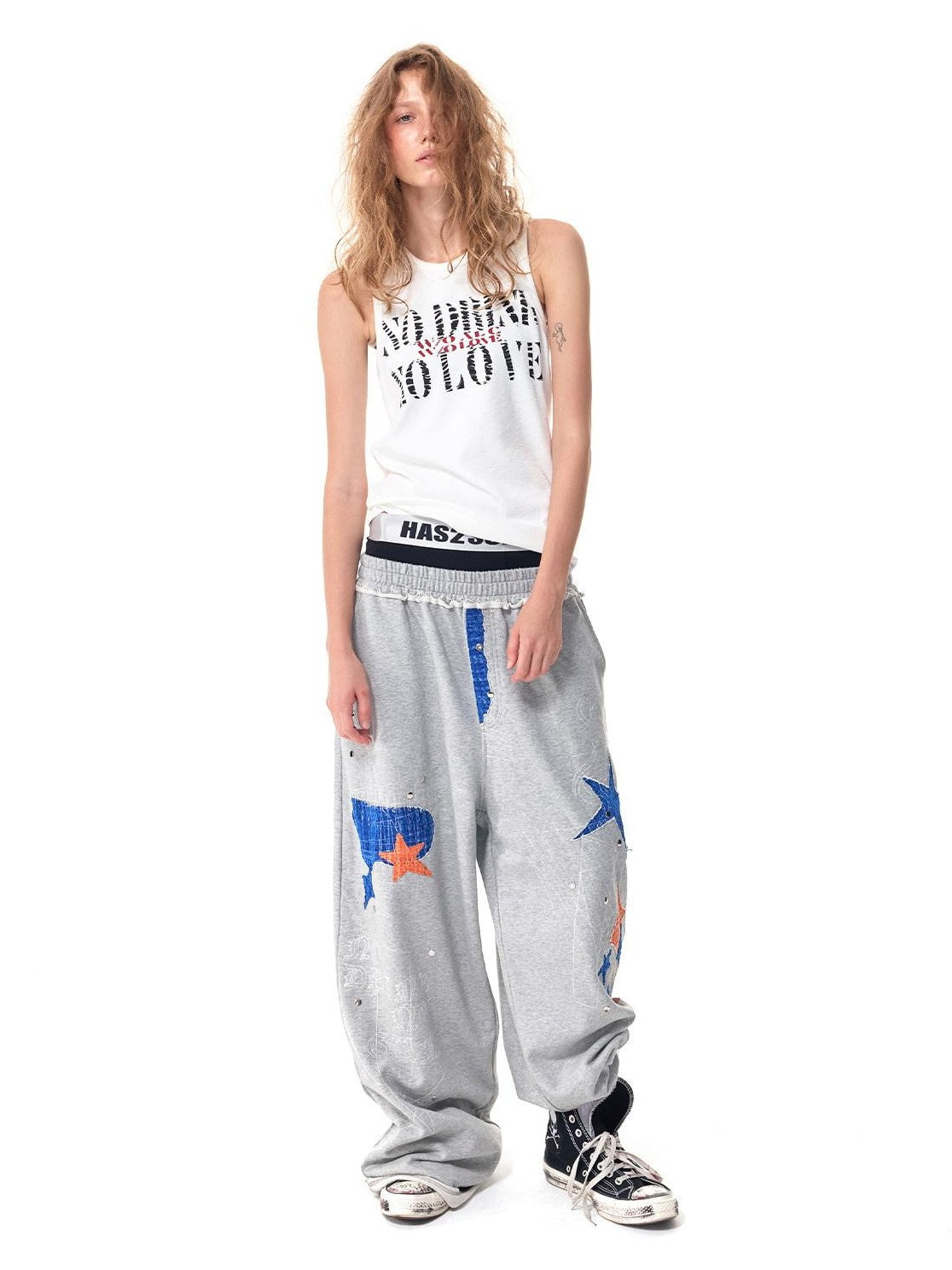 HAS2SONS Gray Star Patch Distressed Applique Embroidery Studded Baggy Women's Sweatpants