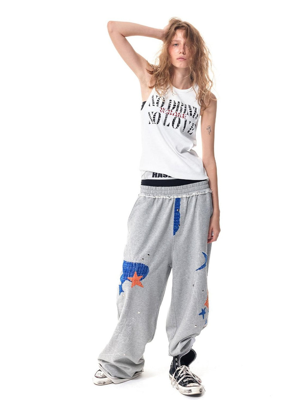 HAS2SONS Gray Star Patch Distressed Applique Embroidery Studded Baggy Women's Sweatpants