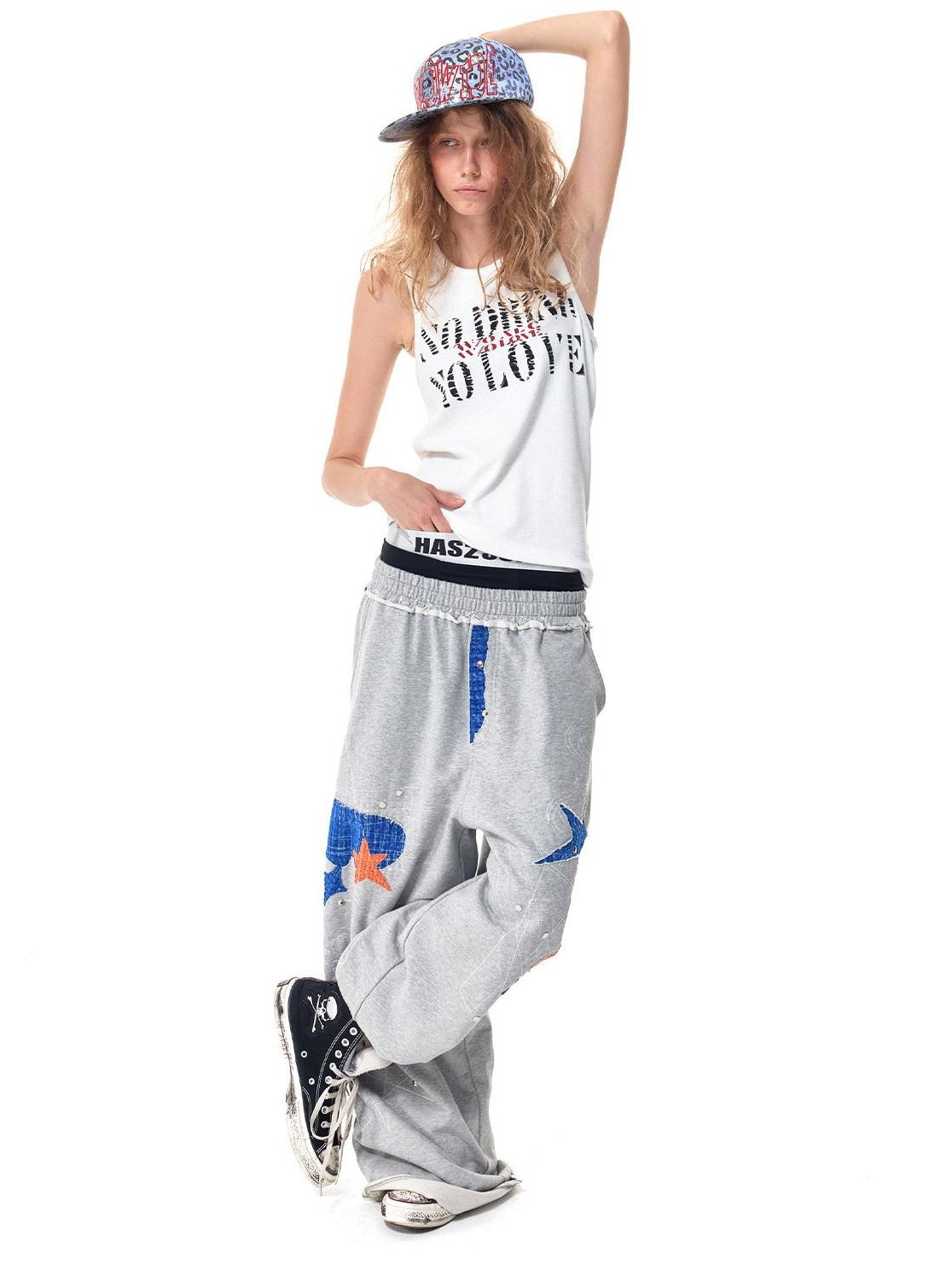 HAS2SONS Gray Star Patch Distressed Applique Embroidery Studded Baggy Women's Sweatpants
