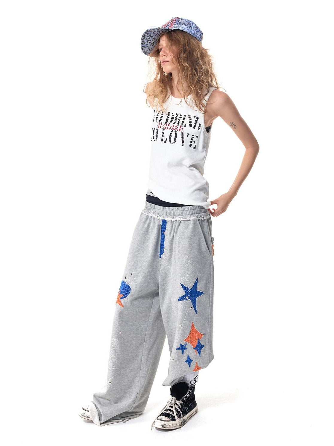 HAS2SONS Gray Star Patch Distressed Applique Embroidery Studded Baggy Women's Sweatpants