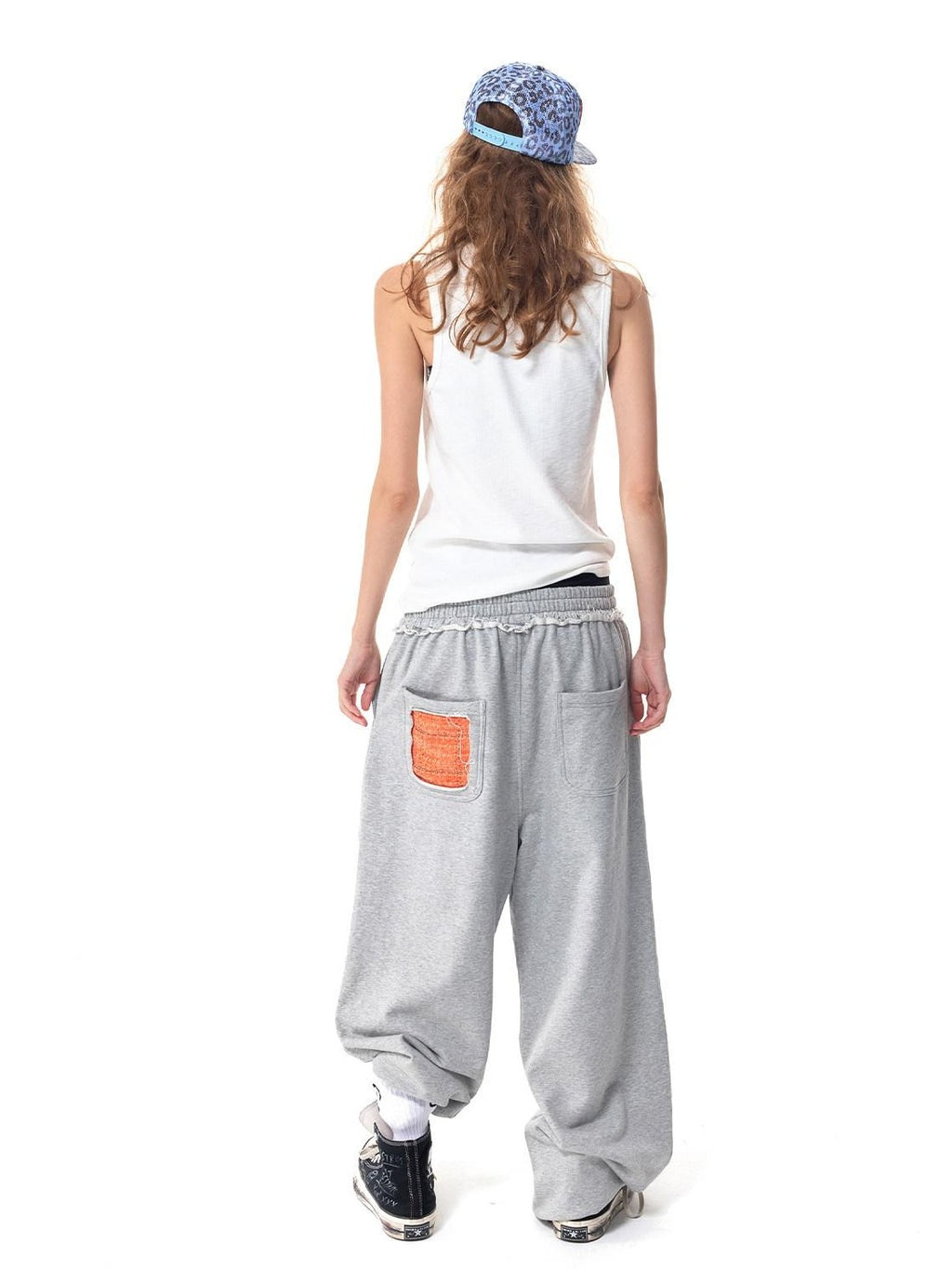 HAS2SONS Gray Star Patch Distressed Applique Embroidery Studded Baggy Women's Sweatpants