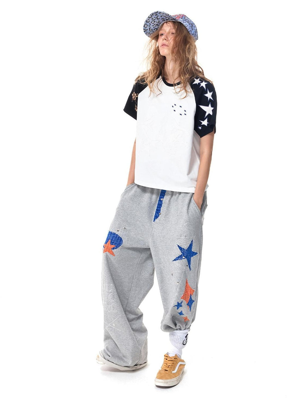 HAS2SONS Gray Star Patch Distressed Applique Embroidery Studded Baggy Women's Sweatpants