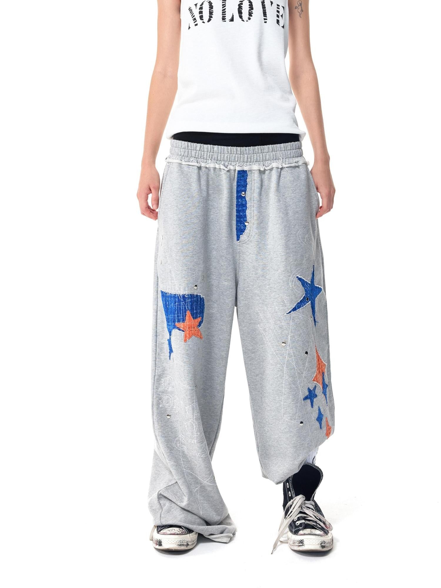 HAS2SONS Gray Star Patch Distressed Applique Embroidery Studded Baggy Women's Sweatpants