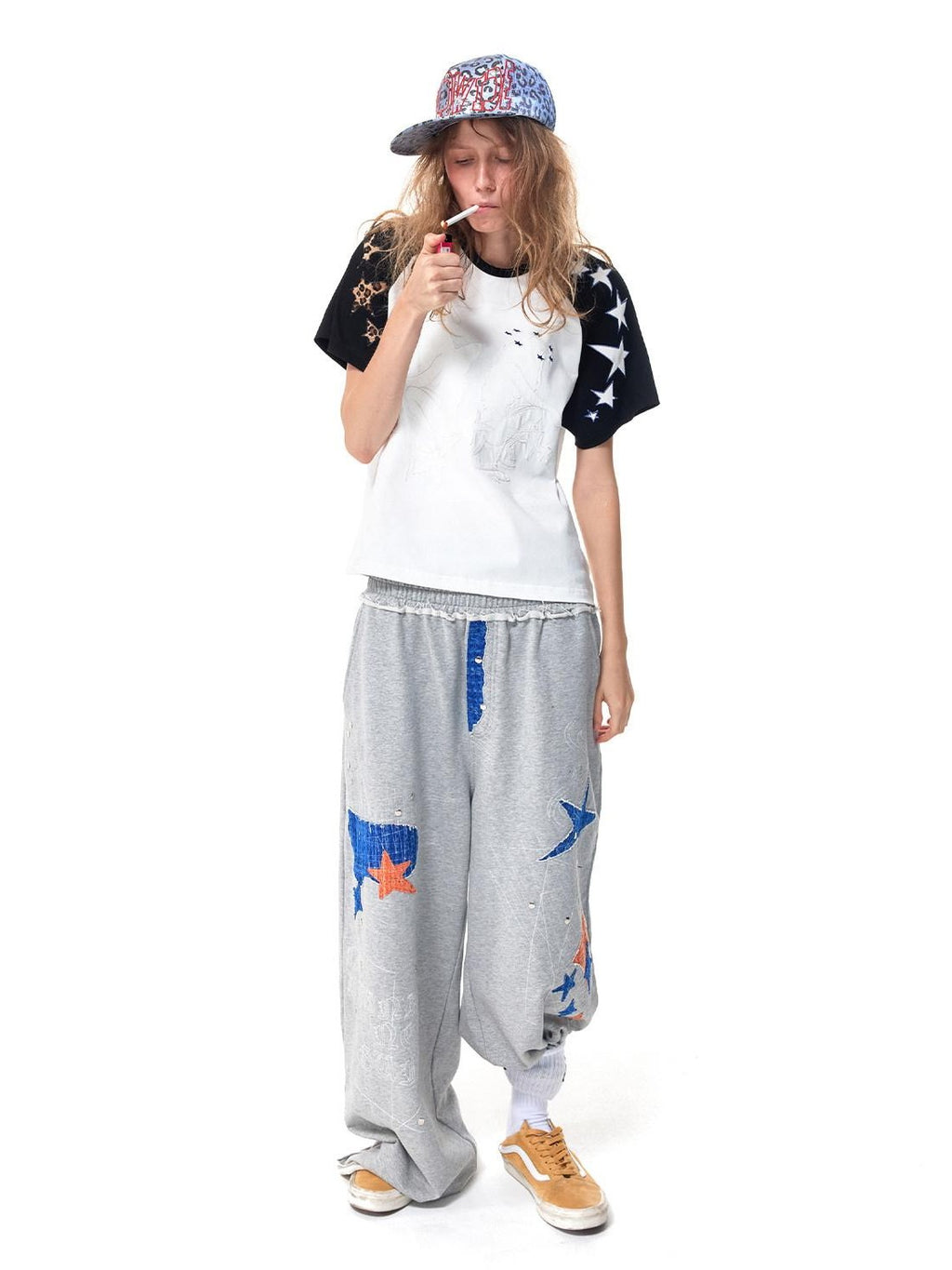 HAS2SONS Gray Star Patch Distressed Applique Embroidery Studded Baggy Women's Sweatpants