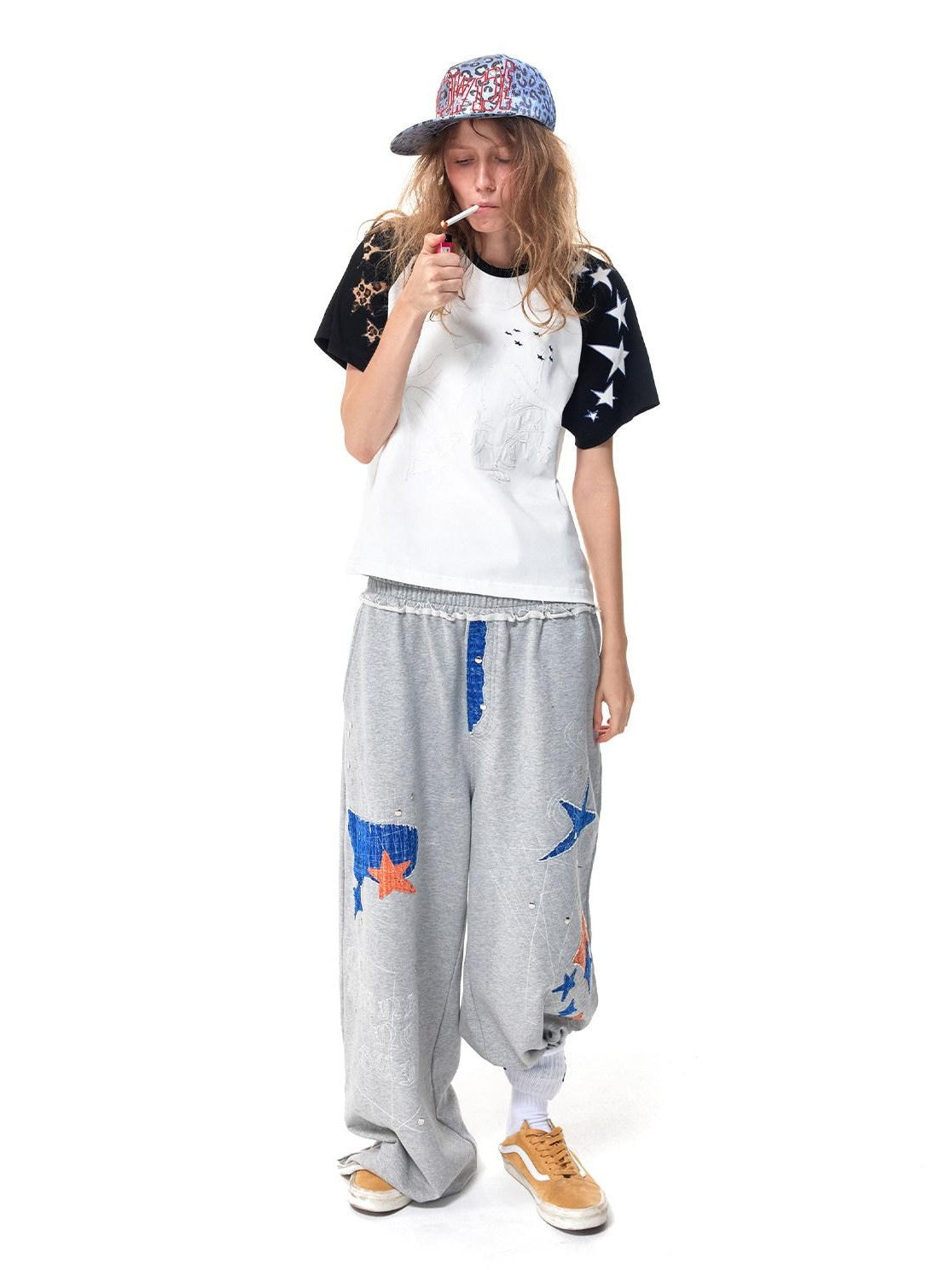 HAS2SONS Gray Star Patch Distressed Applique Embroidery Studded Baggy Women's Sweatpants